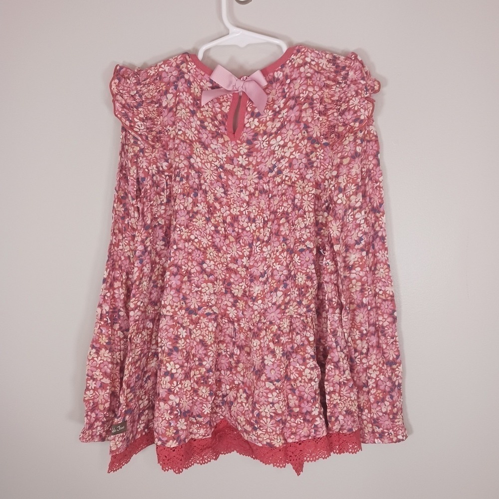 NWT Matilda Jane Girls Size 10 Pink Floral Ruffle Lace Hem Rayon Boutique Top - Picture 2 of 7